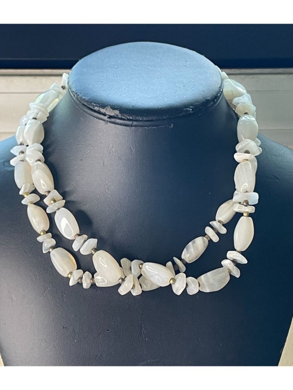 Vintage White Agate Chalcedony Stone 38" Long Layering Strand Barrel Clasp